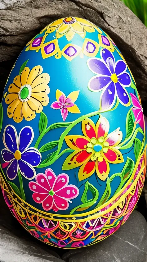 brightly colored painted easter egg sitting on a rock in a garden, digital art by Sasha Putrya, pixabay, folk art, ornate egg, highly intricate, with colourful intricate, intricate and decorated, super intricate, easter, beautifully painted, extremely intr...