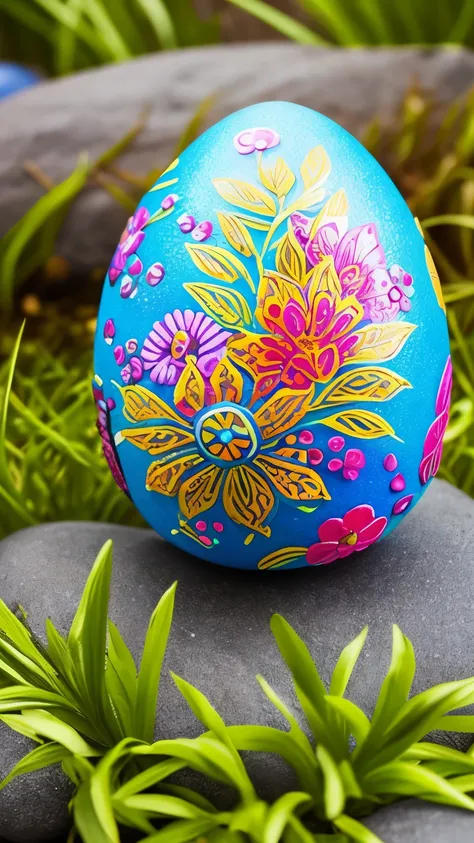 brightly colored painted easter egg sitting on a rock in a garden, ornate egg, highly intricate, with colourful intricate, intricate and decorated, super intricate, easter, beautifully painted, extremely intricate, ultra intricate, by Sasha Putrya, ornamen...