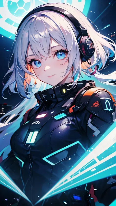 1 girl, liquid silver and orange, cyber punk city, dynamic pose, detailed luminous headphones, glowing hair accessories, long ha...