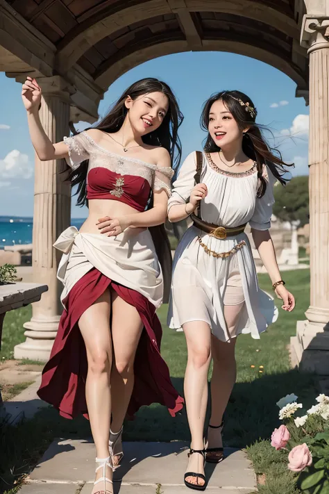 full body portrait or statue、Giorgione painting style,Arguments of two female Philosophe,math、astronomical machine、astronaut、roses in vase、fruits、Cute trinkets、smile、ancient greek costume、Ancient Roman landscape in the style of Nicolas Poussin,laughter,,Sw...