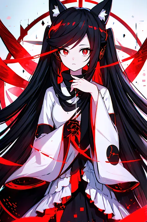 anime girl with long black hair, halo black, red eyes, white pupils, fox ears, black coat, alone, corrupted, using a headset com...