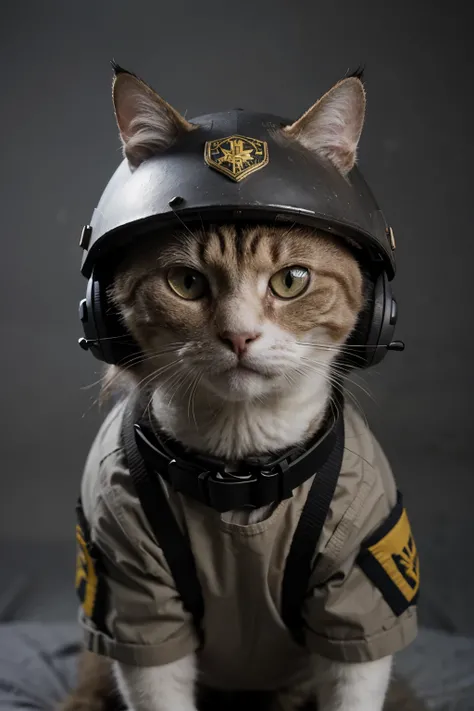 cat wearing military helmet with Ukraine patch
