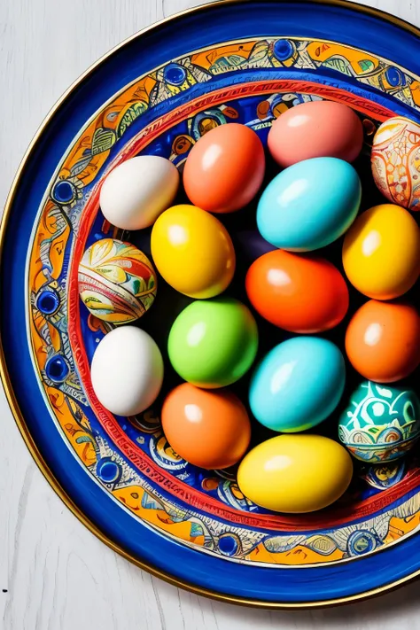 a close up of a plate of painted eggs on a table, a photo by Ann Thetis Blacker, flickr, folk art, with colourful intricate, traditional folk art style, beautifully painted, transylvanian folk art, eggs, beautiful design, intricate and decorated, orthodox,...