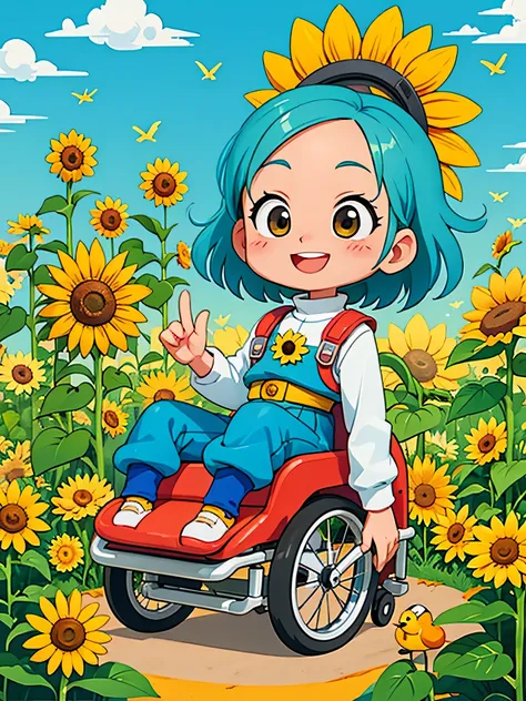 akira toriyama style, Kawaii Design, most beautiful girl ever、Chibi, best smile、wheelchair、sunflower、sun、little birds