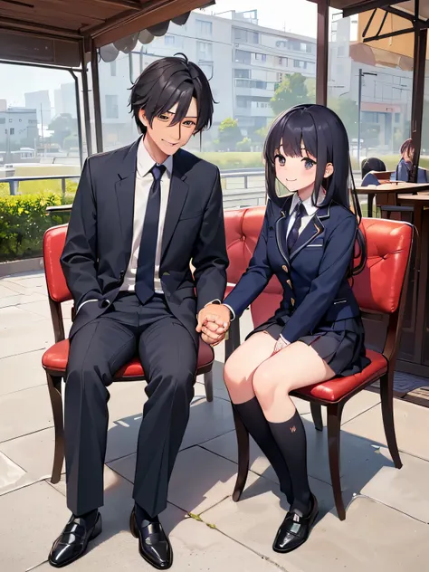 (masterpiece、highest quality、High resolution、realistic pictures、real looking skin:1.1)、 (A man and a woman are sitting in a chair in a cafe and drinking tea:1.5)、 (The two of them are smiling because they love each other.:1.8)、 (Please make the image mainl...