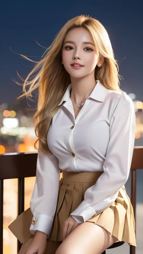 (highest quality,Super detailed,realistic:1.37),bright and vibrant colors,studio lighting,playful expression,stylish makeup,Long blonde hair fluttering in the wind,enchanting eyes,glossy lips,sexy pose,confident、enchanting smile,pose for a professional pho...