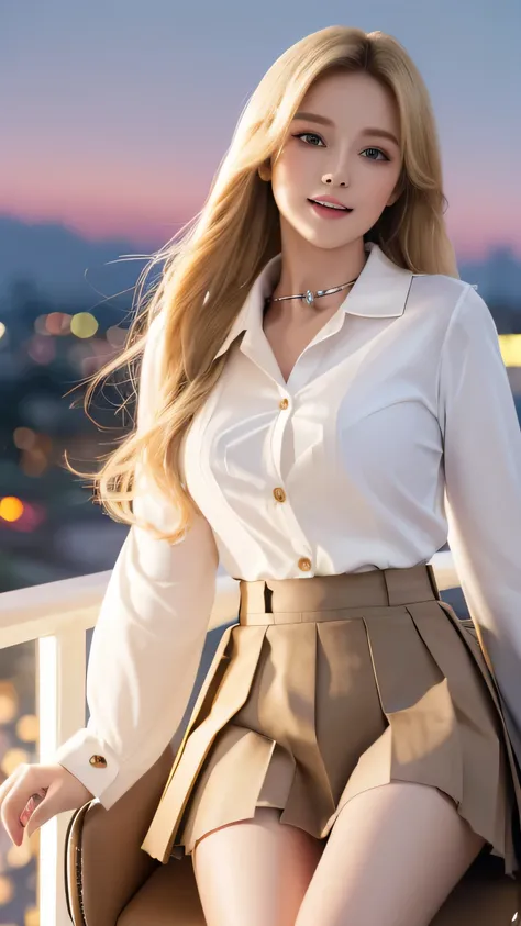 (highest quality,Super detailed,realistic:1.37),bright and vibrant colors,studio lighting,playful expression,stylish makeup,Long blonde hair fluttering in the wind,enchanting eyes,glossy lips,sexy pose,confident、enchanting smile,pose for a professional pho...