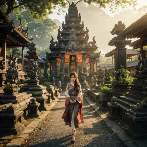 8k Uhd, Dslr,Film Grain, Fujifilm XT3,(Best Quality:1.3), (Masterpiece:1.1), High Resolution, Cinematic Light, Intricate Details, (Photorealistic) create a realistic photography of sacred magical exotic scenery of bali temple on the morning breeze, there a...