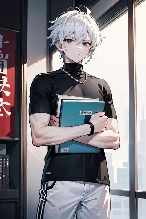 1 man, masculine, very manly, messy white hair, black eyes, wearing black plain shirt, broken handcuff on wrist, white shorts, holding a book, emotionless, japan city, absurdres, high res, ultrasharp, 8k, masterpiece, looking at viewer
