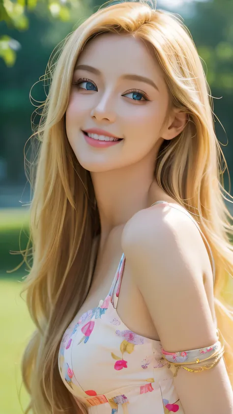 (highest quality,Super detailed,realistic:1.37),bright and vibrant colors,studio lighting,playful expression,stylish makeup,Long blonde hair fluttering in the wind,enchanting eyes,glossy lips,sexy pose,sundress,confident、enchanting smile,pose for a profess...