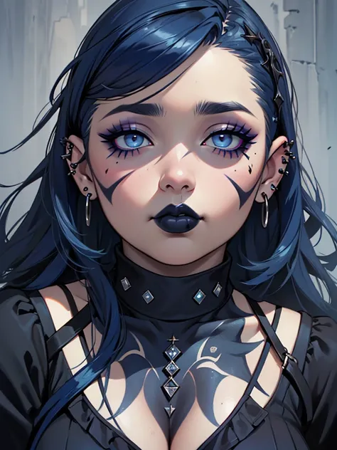 masterpiece, best quality, female, solo, detailed composition, detailed eyes, portrait, (((fat))), (((chubby face))), (((goth makeup))), (((dark blue hair))), (((piercings)))