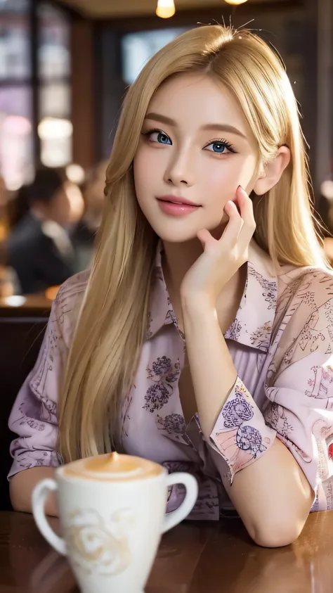 ,(highest quality,Super detailed,realistic:1.37),bright and vibrant colors,studio lighting,playful expression,stylish makeup,Long blonde hair fluttering in the wind,enchanting eyes,glossy lips,sexy pose,confident、enchanting smile,pose for a professional ph...