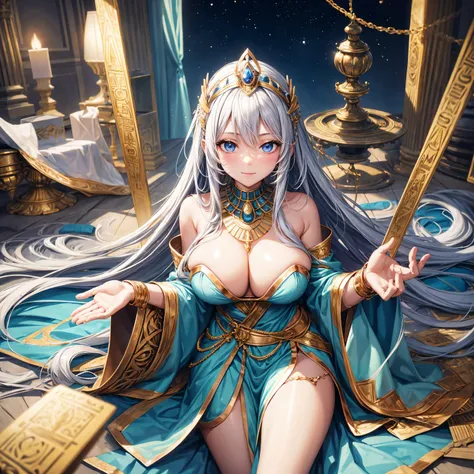 whitening　gray hair　long hair　blue eyes　smile　tiara　green egyptian costume　beauty　sexy　big breasts　mature　whole　Mysterious　charm　charm-like　i don&#39;t&#39;I do not think so.　pyramid　valley key　beautiful breasts　cover your mouth　fortune teller　holding taro...