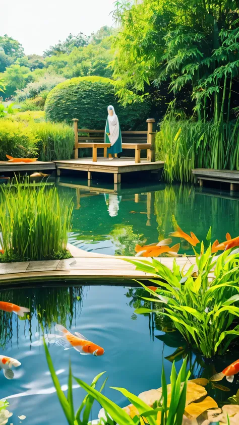 Realistic photo of a woman wearing a long hijab standing facing the camera. pond with koi fish, behind which there is a bamboo hut and lush green vegetation. The pond is inhabited by colorful koi fish which are clearly visible from the surface of the water...