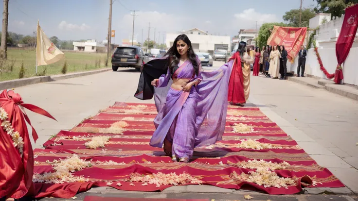 there is a woman in a purple sari walking down a red carpet, wearing bihu dress mekhela sador, wearing sari, wearing a sari, dressed in a sari, candid picture, wearing jedi robes and a sari, dressed with long fluent clothes, background is heavenly, wearing...