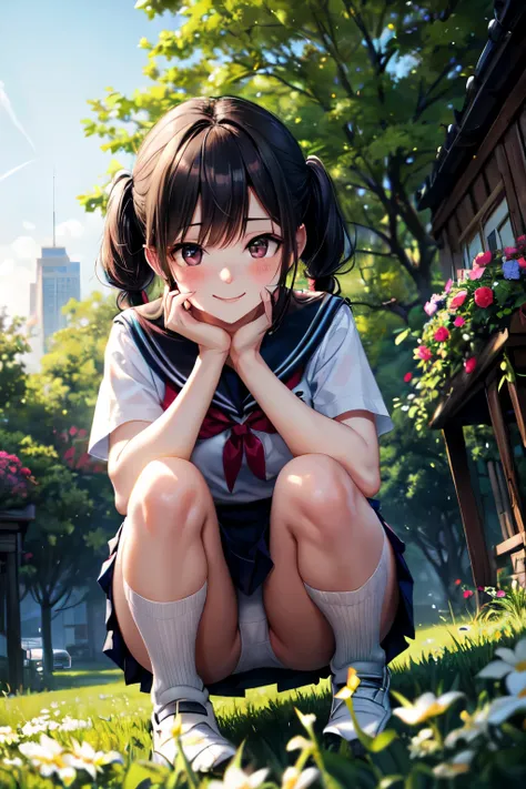 very cute and beautiful girl,(highly detailed beautiful face),
(smile),blush,black hair,low twintails,serafuku,(navy blue pleated mini skirt),
from below,squatting,(white panties),
flower garden,grassland,shrubbery,
(best quality,masterpiece:1.0),absurdres...