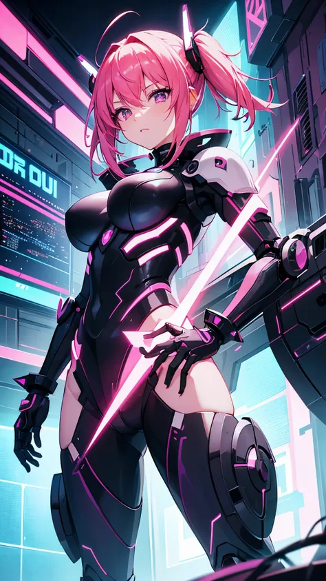 Craft an 8k anime-style illustration of a robot girl with short, spiky neon-pink hair and digital magenta eyes. She wears futuristic battle armor with sharp edges and a vibrant array of shifting neon lights. The background is a dystopian cityscape at dusk,...