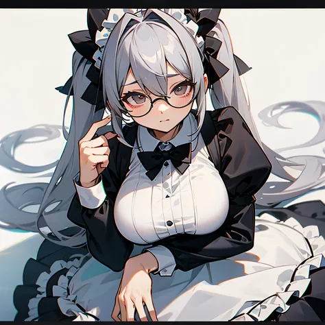 gray hair　half twin tail　Maid clothes　big breasts　round glasses