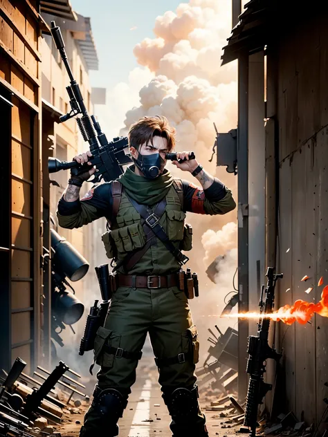 1boy, age 29, male focus, mercenary, (bullet belt), combat boots, brown hair, red bandana, (holding and aiming an assault rifle, muzzle flash, rifle shell casings), angry, screaming, war zone, 