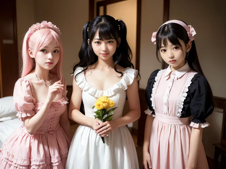 1 Nogizaka Musume、very cute、beautiful girl、13 years old、(lemon color gothic fashion)、beautiful face, Exquisite details of eyes and skin、thin black shiny hair、elegant pink ruffles、pink ruffle tie、Pink ribbon tie、yellow hair scrunchie、(smile at the camera)、(...