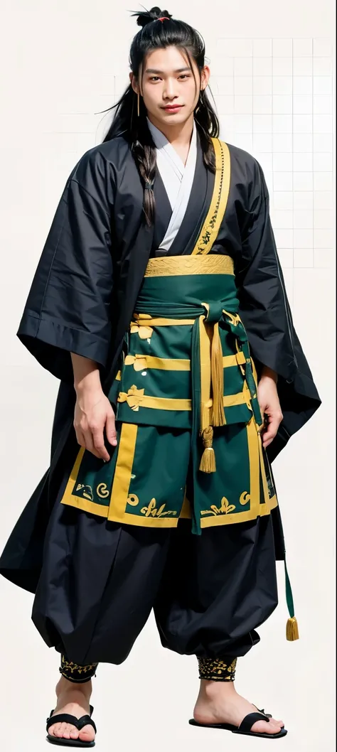 A very handsome Asian guy with long black hair and a man-bun is smiling, looking at camera, wearing a black Japanese monk clothing, black earring studs, a green and yellow checked kasaya and red strappy slippers with white socks