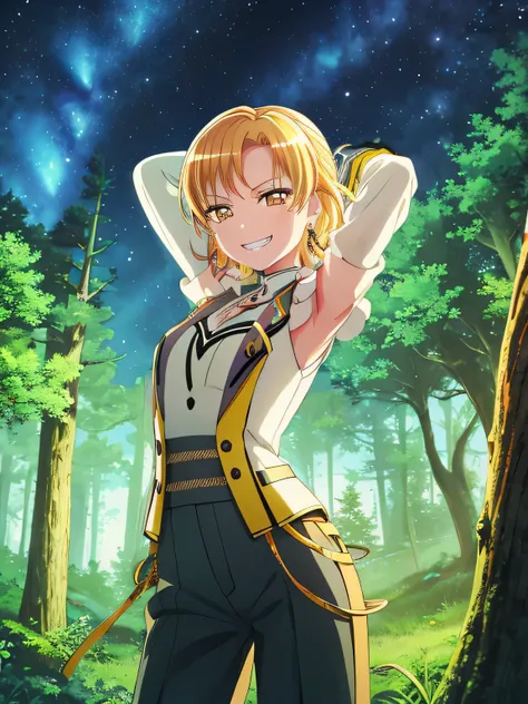 MASKING, 1girl, solo, looking at viewer, smile, short hair, blonde hair, shirt, gloves, long sleeves, ribbon, brown eyes, jewelry, jacket, yellow eyes, white shirt, earrings, pants, grin, solo, cowboy shot, night sky, forest, arms behind head, contrapposto...