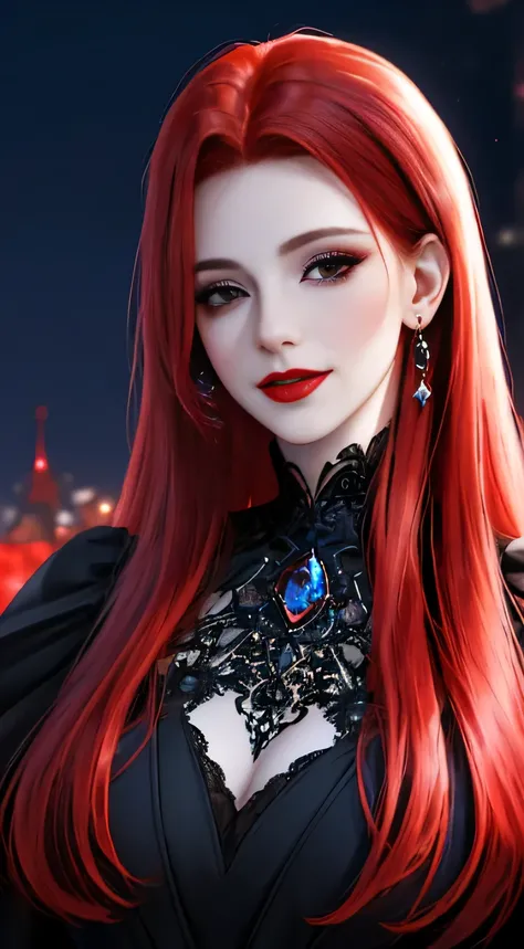 (portrait shot, ((vivid red hair)), mature woman, 30 years old, diamond face, moonlight, red starry sky background, depth of field, magic, big red lips, ((dark black eyes)) black and red long and full dress, covered chest, mystical atmosphere, ominous shad...