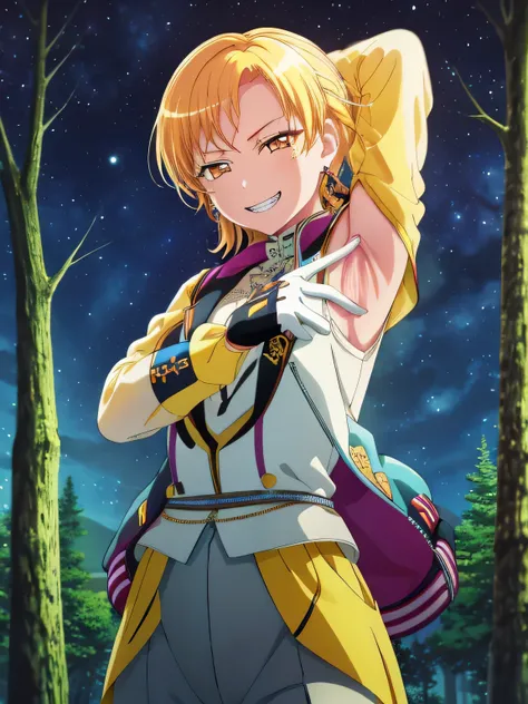 MASKING, 1girl, solo, looking at viewer, smile, short hair, blonde hair, shirt, gloves, long sleeves, ribbon, brown eyes, jewelry, jacket, yellow eyes, white shirt, earrings, pants, grin, solo, upper body, night sky, forest, arms behind head, contrapposto,...