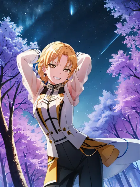 MASKING, 1girl, solo, looking at viewer, smile, short hair, blonde hair, shirt, gloves, long sleeves, ribbon, brown eyes, jewelry, jacket, yellow eyes, white shirt, earrings, pants, grin, solo, cowboy shot, night sky, forest, arms behind head, contrapposto...