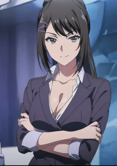 Chabashira, 1 girl, ponytail, black hair, hair clip, chest, cleavage, formal, suit, pencil skirt, black pantyhose,
(looking at the viewer), high heels, smile,
[anime screenshot::0.8], masterpiece,highest quality,(arms crossed:1.3)