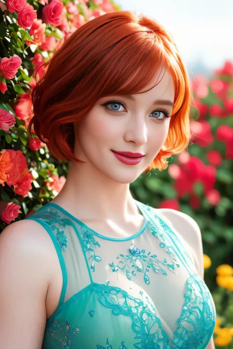 Masterpiece, (Bryce Dallas Howard: 0.5), short hair, vivid orange hair, shy, cute, playful smile, high detail face, high detail skin, red dress, (high detail eyes:1.3), (small breasts:1.2), (strong athletic body), garden wiith colorful flowers background, ...