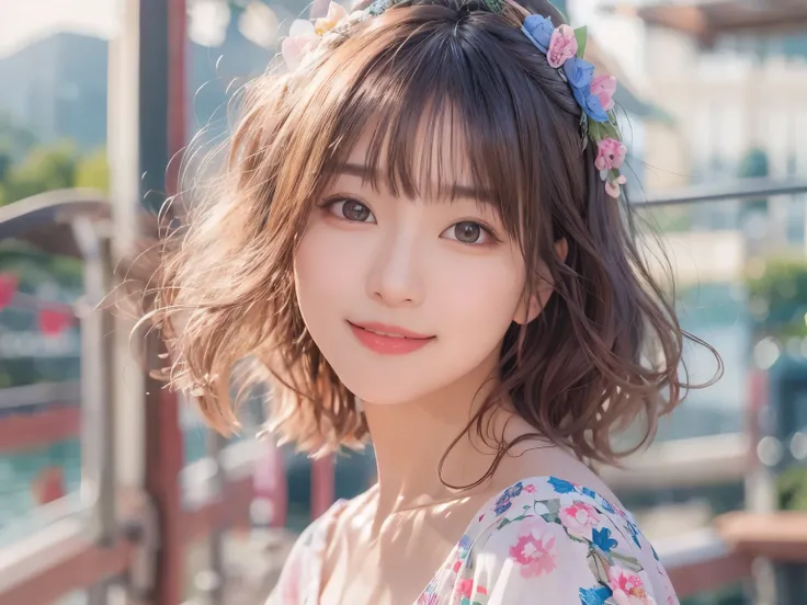 highest quality、超A high resolution、(photo realistic:1.4)、blush、cute、(detailed face)、smile、look at the camera、Upper body、Komono、sunny day、river、blue sky、mean