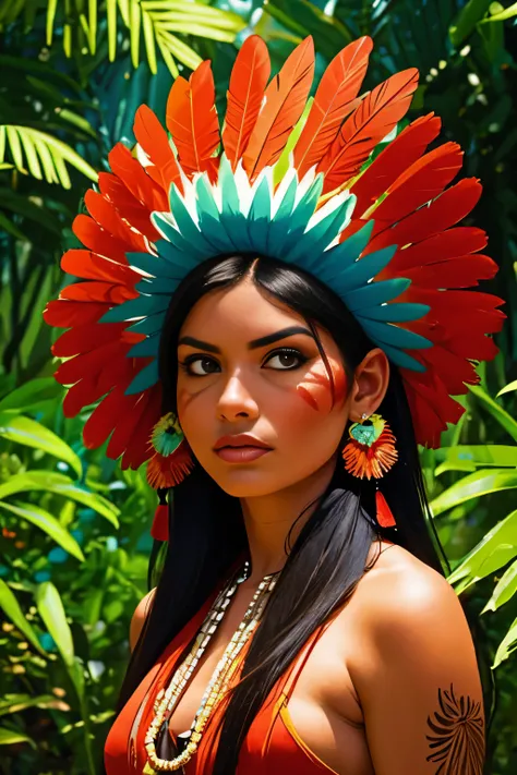 SFW. ((RAW photo, Best quality)), (Realistic, photo-realistic:1.2). A beautiful indigenous girl in native dress with feathers and feathers on her HEAD, Blue and red green macaw FEATHERS, on river. amazon indian peoples in brazil, beautiful young female bra...