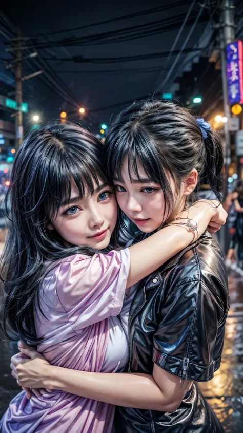 Two beauty girls hug each other, from back under heavy rain on tha street in cyberpunk city, wearing  of japanese high school, they have a cute skinice face, detailed blue eyes, senaual lips, slim body with sexy posture, droopy plump breast, soft and smoot...