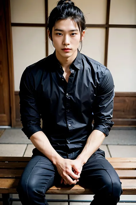 A handsome Asian guy with beautiful black long hair with a man-bun is a button-up collared black shirt, black earring studs, black pants, looking at camera, sitting on a bench in front of a Japanese temple