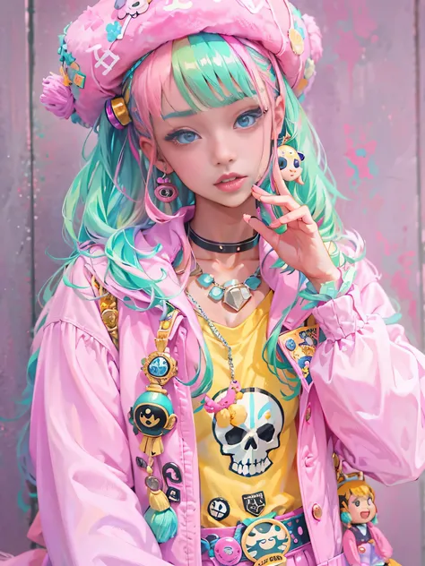 akira toriyama style、"cute, beautiful, Adorable girl wearing pink clothes, yellow, and baby blue color scheme. She is wearing a costume with a SKULL motif inspired by a female pirate.。.。.。.。.。.。.... Fashionable hats, rock、Comes with decorative accessories ...