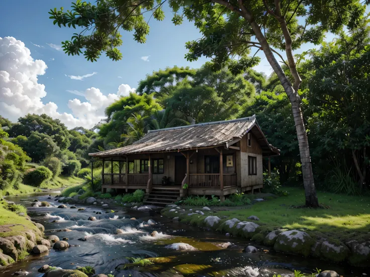 The hut has a slightly rusty tin roof, bright green trees, chicken trees, a little bit next to a small waterfall, a clear flowing river, there is a road up a large rock, a gravel road next to it, down next to a flat green rice field, a little moss, a fern,...