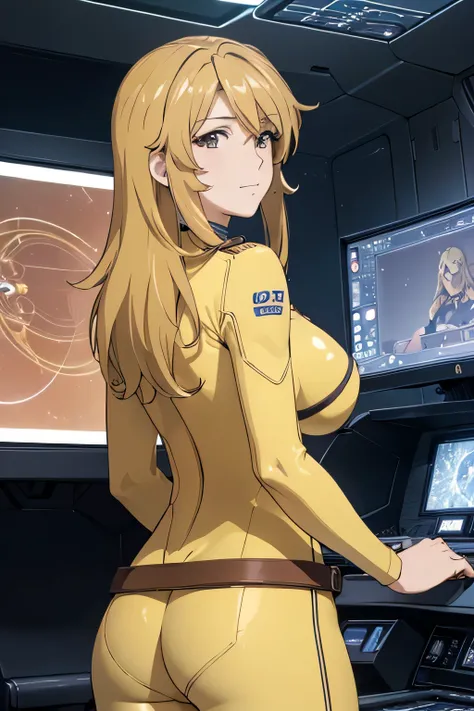 (((best quality))), (((masterpiece))), (((detailed))),
MoriYuki,
solo, closed mouth, light smile,
blonde hair, long hair, (brown eyes), (best quality eyes)
MoriBodysuit, yellow bodysuit, belt,
standing, looking at the viewer, from back,
science fiction, co...
