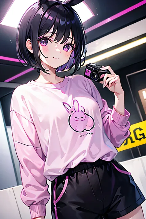 1girl, short black hair with pink and purple highlight, black eyes, wearing pink bunny shirt, tucked in shirt, black shorts, holding a camera, short height, cute, city, absurdres, high res, ultrasharp, 8k, masterpiece, looking at viewer, smiling