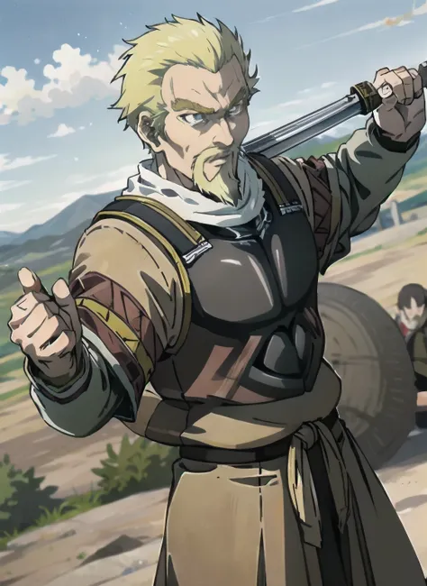 askeladd, vinland saga, a man with a beard, boromir in an anime world, smiling confidently, holding a sword in one hand, a man with a sword in his hand, head to waist visible, a human male, front - shot, with a light leather armor, flowing robes and leathe...