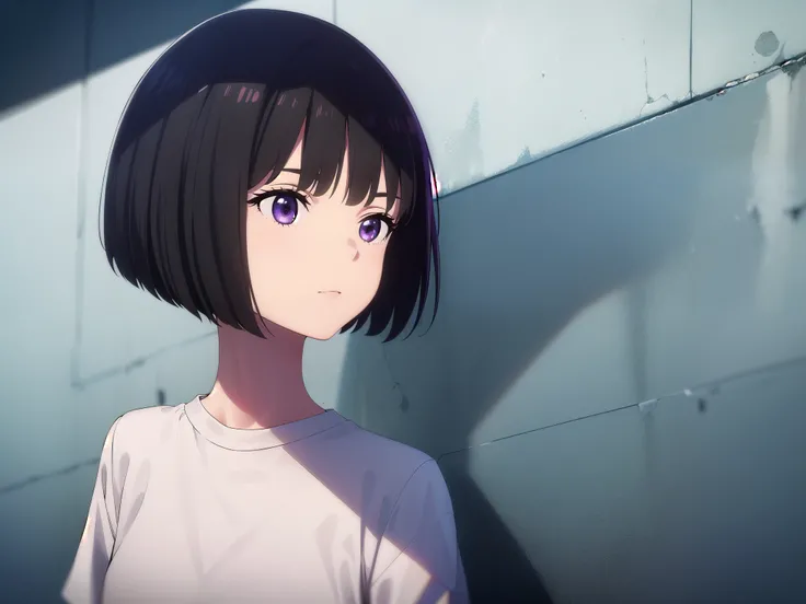 1girl, solo, exposed back, upper body, bob hair, short hair, short bob hair, ((bob cut:1.5)), haircut, undercut, bobbed hair, minibob, buzz hair cut, purple eyes, streetwear, nike