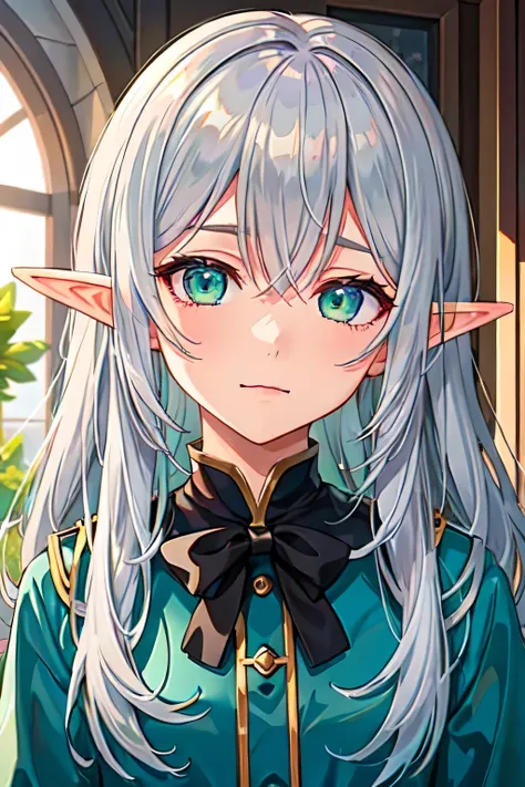 elf girl。gray haired。long hair。look here。face up portrait。sad expression。Smile。elf anime。Like a free ren at a funeral。animation。black clotheoss green eyes。