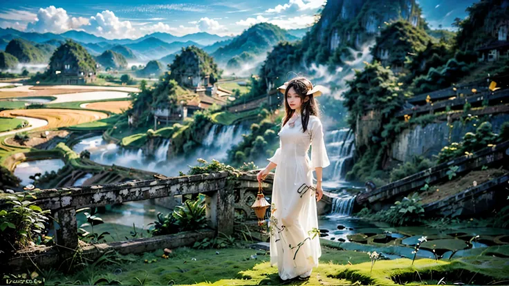 ((A beautiful picture depicting a Vietnamese hometown)), The focus of the scene is on a field with steps leading up to a staircase. In the field, there are Vietnamese farmers working diligently. The atmosphere is filled with the warm glow of beautiful suns...