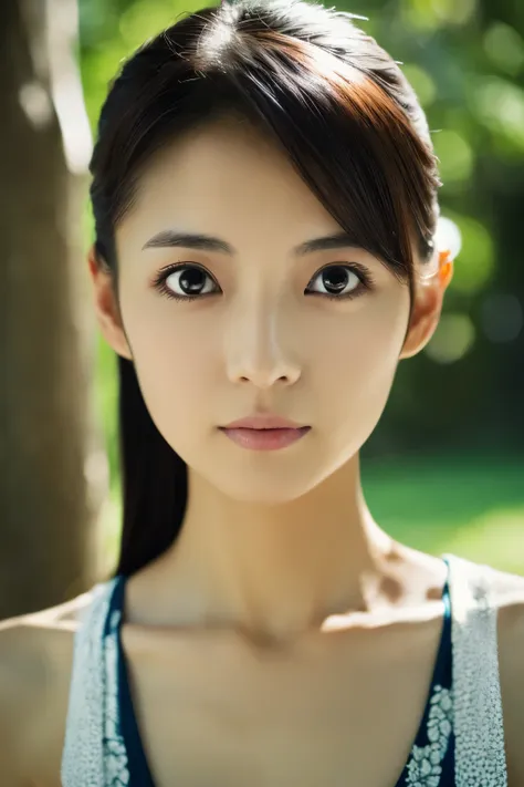 cinematic photo, Skinny Japanese woman, 30 years old, cute face, detailed face, detailed eyes, bare shoulders, very thin waist, (face upward:0.7), looking at viewer, (sun light and tree shadow on the face), (masterpiece:1.2), (best quality:1.2), (extremely...