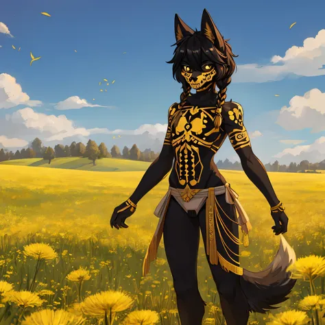 A black furred wolf with a feminine body shape with Golden skeleton markings on his torso and gold skull on his face w standing in a field of dandelions. With short black hair with golden accents tied in a braid with a ribbon at the end 