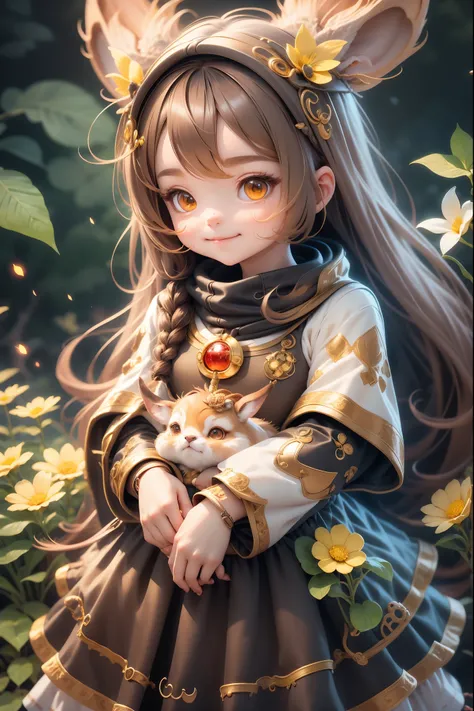 golden pupil，beautiful background，brown hair、long hair、deer antler hair ornament、yellow flower、pet the fawn、anime girl，mini skirt，amber eyes, anime goddess, Highly detailed official artwork, Cute anime wife wearing nice clothes, detailed original art, Epic...