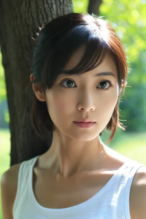 cinematic photo, Skinny Japanese woman, 30 years old, cute face, detailed face, detailed eyes, bare shoulders, tanktop, very thin waist, (face upward:0.7), looking at viewer, (sun light and tree shadow on the face), (masterpiece:1.2), (best quality:1.2), (...