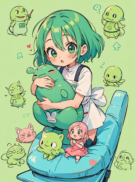 Akira Toriyama style, Kawaii Design, most beautiful girl ever、Chibi, hugging green alien、hospital