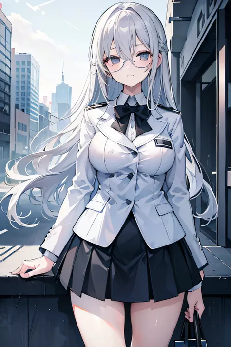 1girl, long ash gray hair, pitch black eyes, white uniform, baby blue skirt, baby blue school jacket, wearing glasses, city, absurdres, high res, ultrasharp, 8k, masterpiece, looking at viewer, emotionless, mentally unstable, unhinged, yandere, busty, thic...