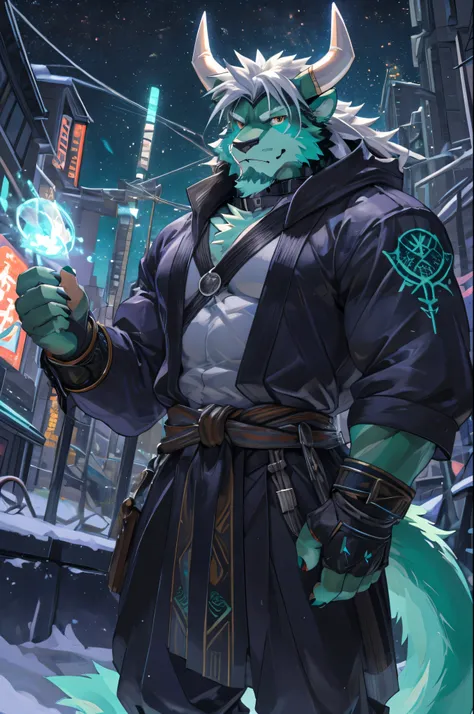 solo, anthro, furry, furry male, Teal lion, teal bull, ((fluffy fur, tall, fluffy, furry body)), (ninja outfit, lion print, bull print), yellow eyes, Bull horns, white horns, white hair, wild long hair,  white hair, bull tail, ((light teal face, moss green...